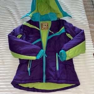 Mint Girl Stylish Kids Puffer Jacket in Purple Blue and Lime Medium 8-10